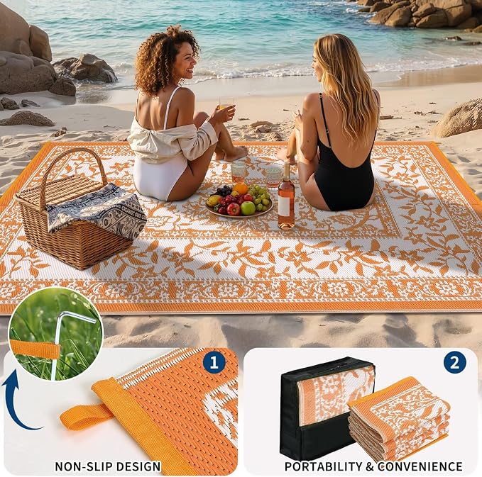 Garvee Outdoor Rug 8x10, Waterproof Reversible Foldable Plastic Straw Rug, Botanical cottagecore Outdoor Rugs Patio Camping RV Carpet for Deck Camper Porch Balcony Backyard Picnic Beach Orange