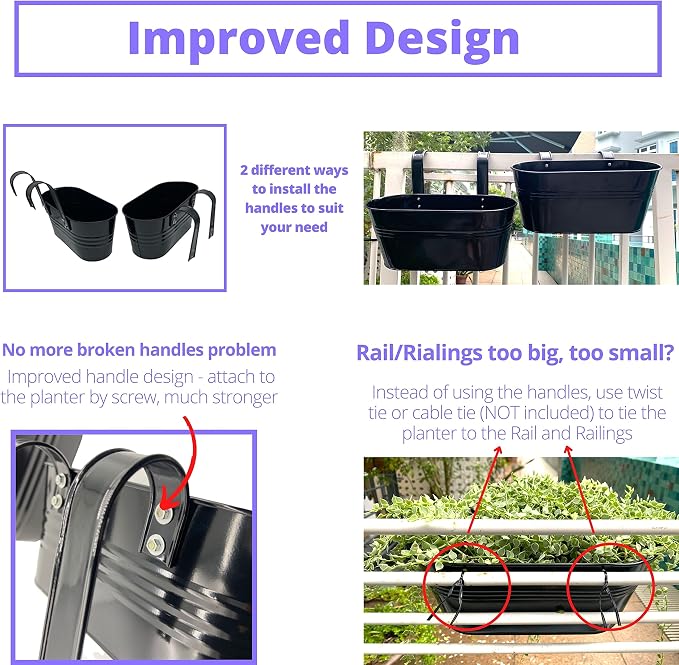LaLaGreen Outdoor Rail Planter Plants (4 Pack, 11.2 Inch) Black Metal Iron Hanging Flower Pots Deck Railings Fence Buckets Modern Boho Style Wall Mount Window Box Plant Holder with Hooks Porch Decor