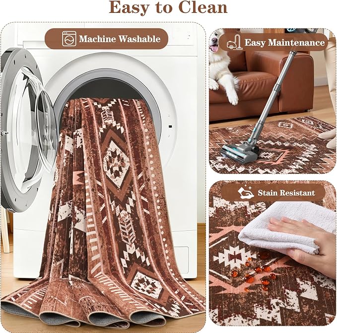 Yinhua Western 2x3 Rug Non-Slip, Aztec Entryway Area Rug Washable | Moroccan Lightweight Door Rugs Low-Pile, Brown Small Rugs with Rubber Backing for Porch Kitchen Bedside