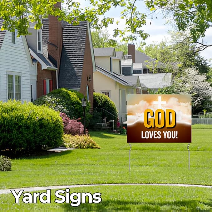 God Loves You! Yard Sign by DC | 24"x18" Double Sided Church Garden Sign with 13” Metal Stakes | Outdoor Signs Waterproof for Lawn, Patio, Sidewalk & House | Set of 5 | Made in USA
