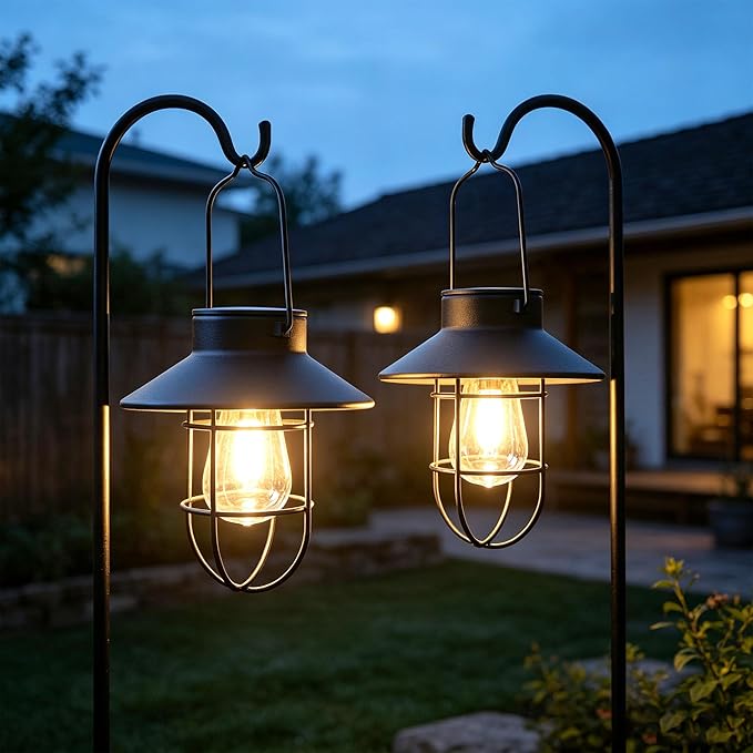 Solar Lanterns Outdoor Waterproof,4pack Hanging Solar Lights Lantern Lamp with Shepherd Hook, Metal Waterproof Edison Bulb Lights for Garden Outdoor Pathway