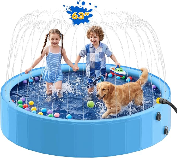 Raxurt 63" Kiddie Pool with Sprinkler, Foldable Dog Pool for Large Dogs, Non-Slip Splash Pool for Kids, Portable Pet Bathing Tub for Backyard Summer Water Play