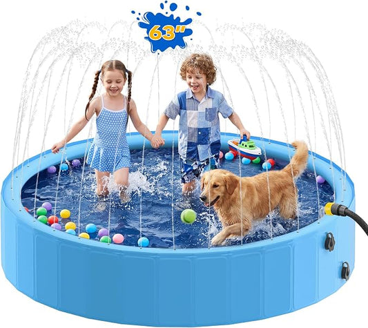 Raxurt 63" Kiddie Pool with Sprinkler, Foldable Dog Pool for Large Dogs, Non-Slip Splash Pool for Kids, Portable Pet Bathing Tub for Backyard Summer Water Play