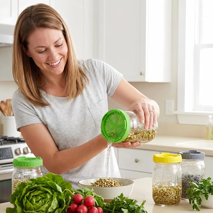 Sprouting Jar Growing Kit for Wide Mouth Mason Jars, Set of 4 Sprouting Lids for Growing Broccoli Seeds, Alfalfa, Mung Bean Sprouts, Masontops Bean Plastic Screen Strainer Lid (Jar Not Included)