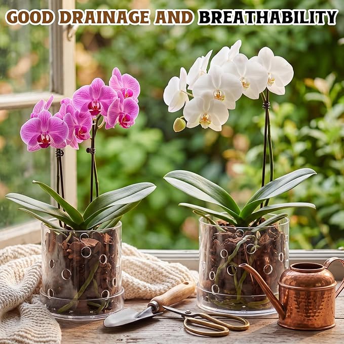 5 Inch 6 Inch Clear Acrylic Orchid Planter Pot with 360° Round Holes & Tray, Thick Acrylic Vented Planter for Phalaenopsis, Root Airflow, Bottom Watering & Indoor Orchid Repotting