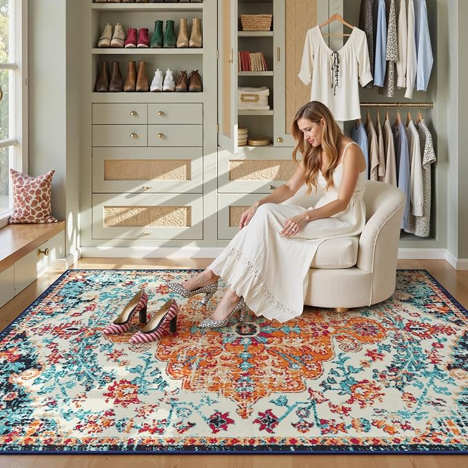 Lahome Reine Orange 6x9 Area Rugs Boho Washable Area Rug for Bedroom,Large Area Rugs for Living Room Dining Room,Bohemian Vintage Non Slip Low Pile Indoor Accent Carpet for Home Office(6x9ft,Orange)