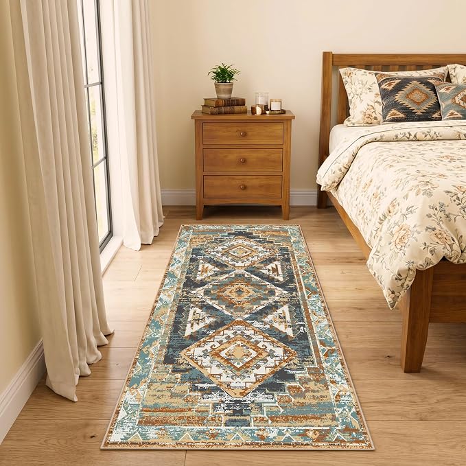Washable 2x6 Runner Rug, Rustic Farmhouse Low-Pile Non-Slip Carpet, Stain Resistant Vintage Southwestern Rug for Kitchen Hallway Bathroom Bedroom Beside Laundry Room RV Interior, Blue Rust Ivory