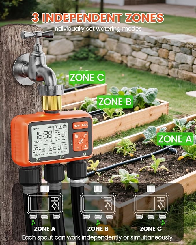 Sprinkler Timer 3 Zone with Brass Inlet Water Timer for Garden Hose Programmable Hose Faucet Controller with Independent Zone Control Custom Rain Delay Manual&Auto Watering Child Lock for Yard Lawn