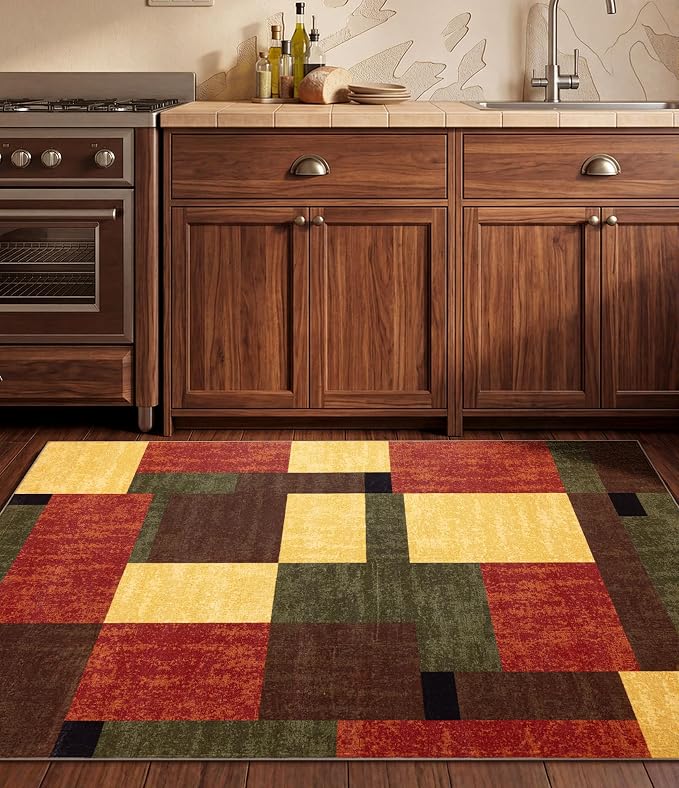 Red and Green Rug 3x5, Burgundy Farmhouse Vintage Rugs Washable for Living Room,Burnt Orange Area Rug Non Slip,Geometric Boho Area Rug for Kitchen,Dining Room,Bedroom