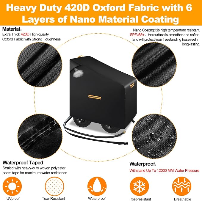 Hose Reel Cart Covers for Outside,Heavy Duty 420D Hosepipes Cover for Garden with Air Vent,Waterproof Strip,2 Reflective Strip Handles,Univeral Protective Hose Holder Cover,All Season Protection