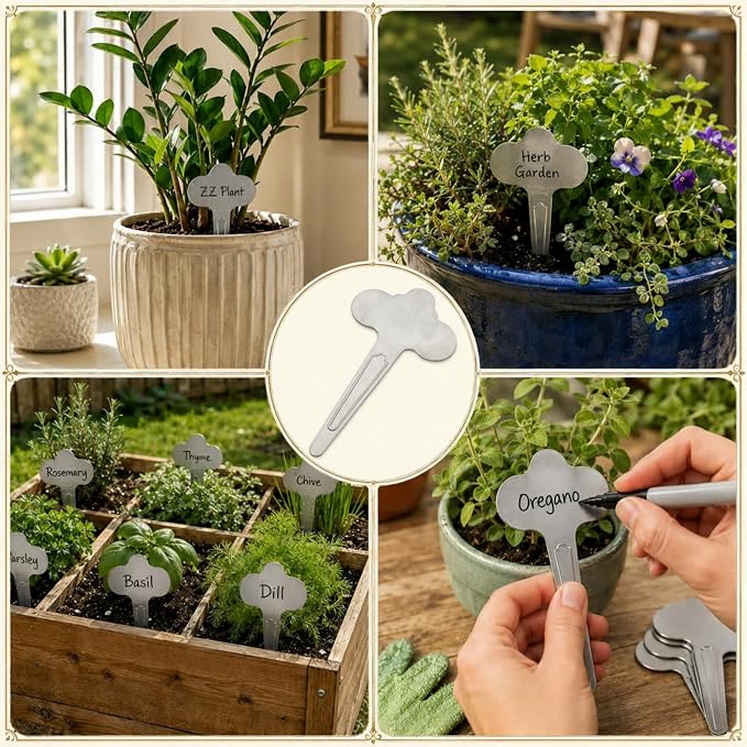 60 Pack Metal Plant Labels 6-1/2" x 3-1/2" Stainless Steel Outdoor Reusable Nursery Plant Name Tags Waterproof Garden Seed Labels Makers for Flowers Vegetable Pots Seedlings Herbs