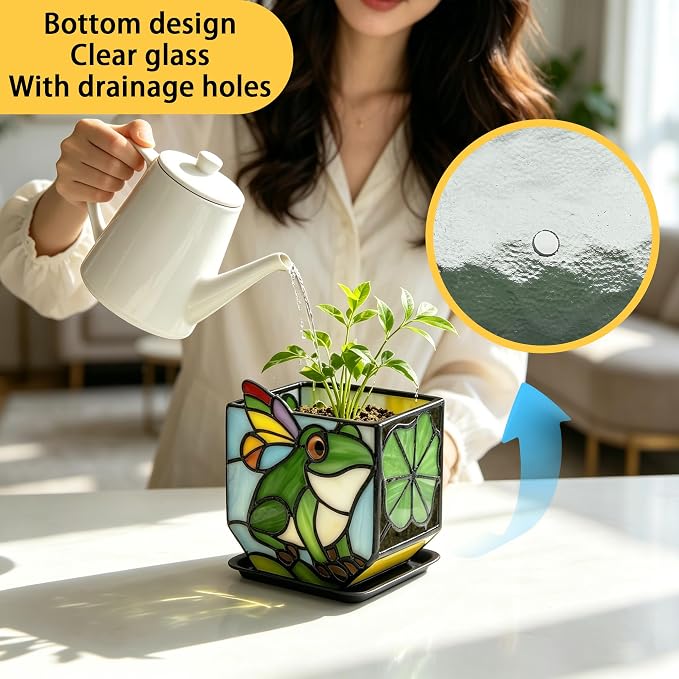 Stained Glass Frog Planter, Colorful Decorative Succulent Pot, Unique Indoor Plant Holder, Cute Frog Gift for Women