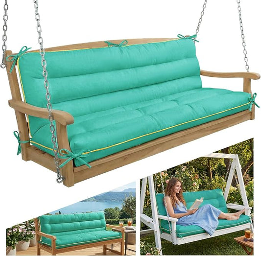 60×40 INCH Outdoor Swing Cushion with Backrest, Tie Straps & Memory Foam - Replacement for Porch Bench 2/3 Seater, Oxford Fabric (Aqua Blue, 60 INCH × 40 INCH)