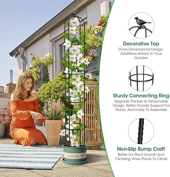 2 Pack Garden Obelisk Trellis for Climbing Plants Outdoor, 6.2 FT Tomato Cage, Rose, Flowers, Grape, Pea, Cucumber Trellis, Rustproof Plastic Coated Metal Plant Support Trellis for Potted Plants