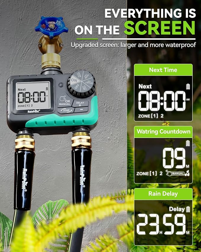 RAINPOINT 2 Zone Sprinkler Timer with Brass Inlet and Outlet - Water Timer for Garden Hose with Rain Delay/Manual Watering/Automatic Irrigation Controller for Yard(Blue Green)