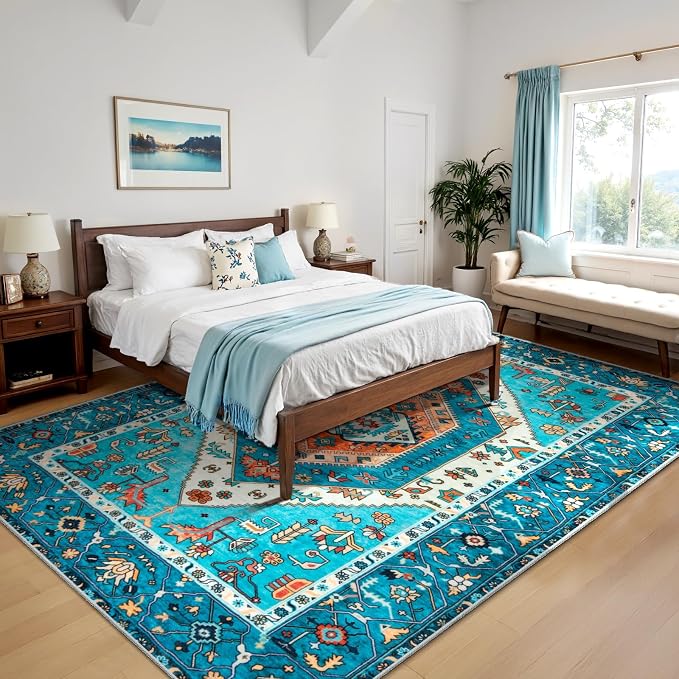 SERISSA 6x9 Washable Non Slip Boho Area Rug for Living Room，Blue | Ultra Soft Vintage Oriental Carpet Low-Pile Distressed Tribal Throw Carpet for Dining Room Bedroom Dorm Office Home Decor