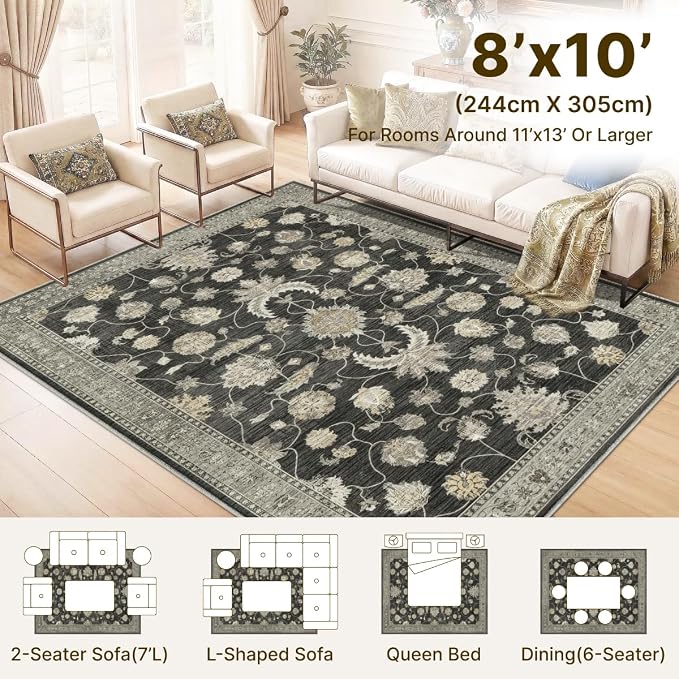 8x10 Area Rug Vintage Washable Rugs for Living Room Bedroom Nursery | Farmhouse Boho Floral Neutral Washable Stain Resistant Indoor Carpet for Bedroom Office and Home Decor (Black&Gold)