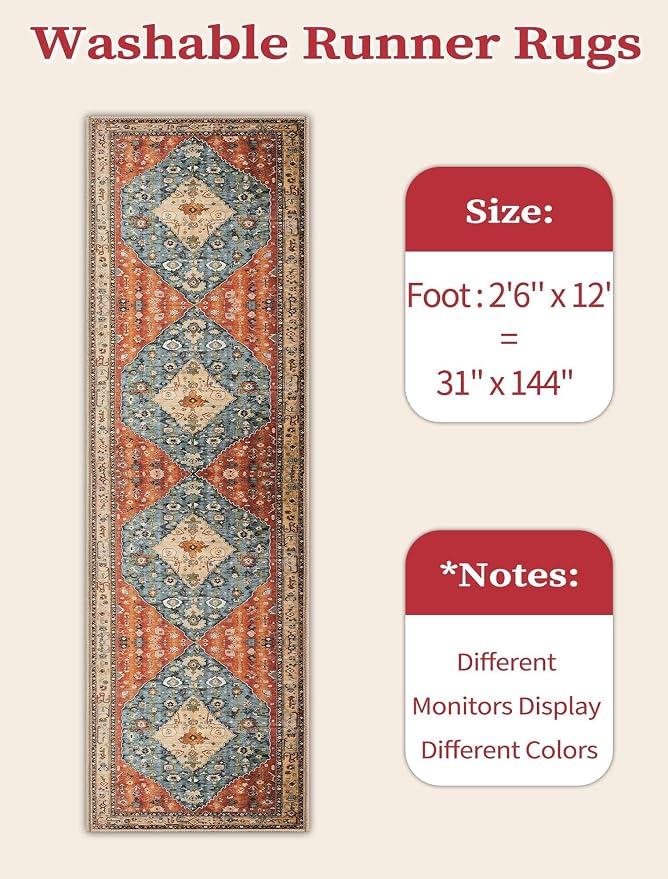 SERISSA 2'6"x12' Washable Non Slip Boho Runner Rug for Hallway | Ultra Soft Vintage Oriental Carpet Low-Pile Tribal Floor Carpet for Kitchen Bedroom Entryway Bathroom Laundry Room