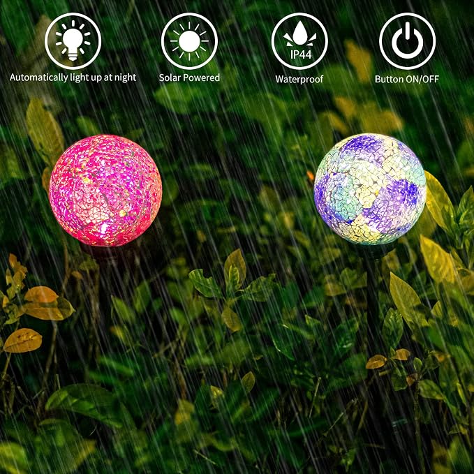 VCUTEKA Decorative Solar Garden Lights, 3.5" Mosaic Globe Stake 2 Pack | Mosaic Glass Design, Solar LED Light, Weather Resistant, Auto On/Off and Metal Stake Design for Lawn and Patio