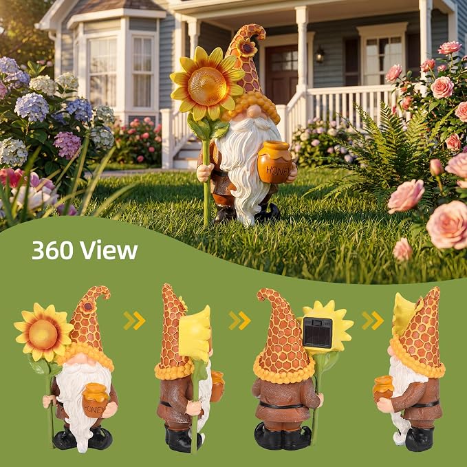 Lyeasw Solar Garden Gnomes Gifts - Garden Gnome Decor Outdoor - 8.3 Inch Honey Pot Funny Figurines for Birthday Anniversary Gardening, Unique Sunflower Decorations for Mom & Grandma Yard Patio