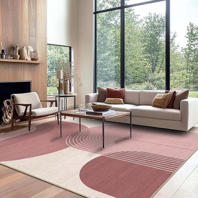 9x12 Large Area Rug for Living Room Boho Rug Bohemian Rugs Machine Washable Modern Geometric Rug Non Slip Printed Low Pile Indoor Floor Carpet for Dining Room Bedroom Office,Pink