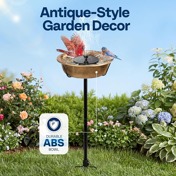 VIVOHOME Bird Bath with Solar Fountain for Outside, Weather-Resistant ABS Birdbath Bowl with Solar Powered Pump, Metal Ground Stake for Outdoor, Garden, 1.45 Gallons, Copper