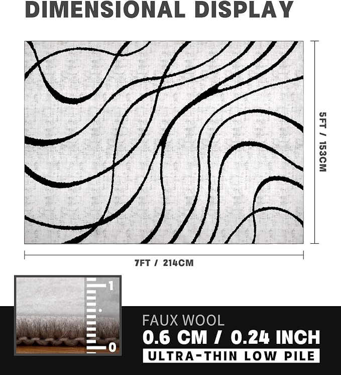 Modern Area Rugs for Bedroom,5x7 Washable Black and White Rug, Thin Abstract Geometric Minimalist Striped Rug, Black Rugs for Bedroom,Kitchen,Dining Room Office