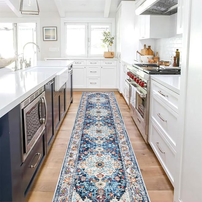 U'Artlines 2' x 10' Boho Hallway Runner Rug, Non Slip Washable Vintage Farmhouse Accent Area Rug Carpet for Kitchen Entryway Laundry and Living Room (Blue) | Vintage Farmhouse Kitchen Rug Accent Area Carpet for Entryway Laundry and Living Room