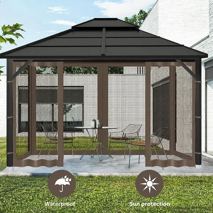 Gazebo Replacement Mosquito Netting Outdoor Universal Gazebo Canopy 4-Panels Screen Sidewalls with Zipper for Patio Garden Yard Backyard (Mosquito Net Only) (10x10, Coffee)