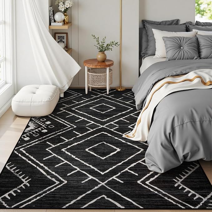 LIVEBOX Western 5x7 Area Rug, Black Washable Rugs for Living Room Bedroom, Non Slip Moroccan Tribal Rug Low Pile Modern Geometric Boho Area Rugs Diamond Carpet for Dining Room Home Office Playroom