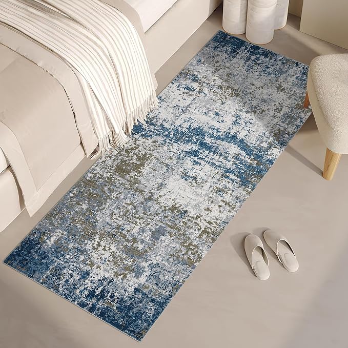 ROYHOME Modern Abstract 2x10 Runner Rug Non Slip, Navy | Non Shedding Rug Low Pile Stain Resistant for Bedroom Hallway Kitchen