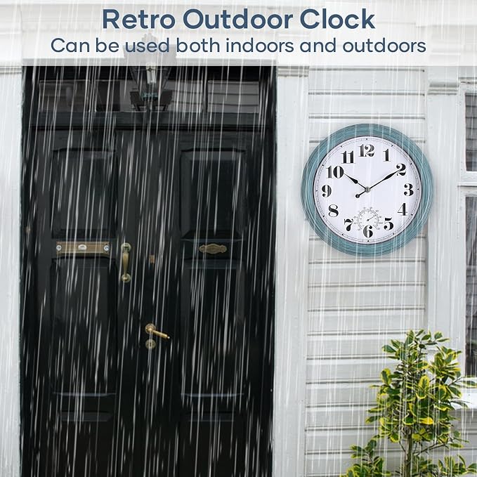 Outdoor Clock Waterproof 14 Inch Outdoor Clocks with Thermometer Combo Wall Clock Battery Operated Non-Ticking Green Clocks for Patio Pool