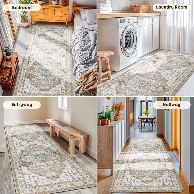 LBRO2M Machine Washable Rug Soft Pet Friendly Carpet 2X6 Cream | Persian Runner Rug 2X6 for HallWay, Bedroom, Kitchen, Laundry Room, Non Slip Carpet, Foldable Stain Resistant Rugs