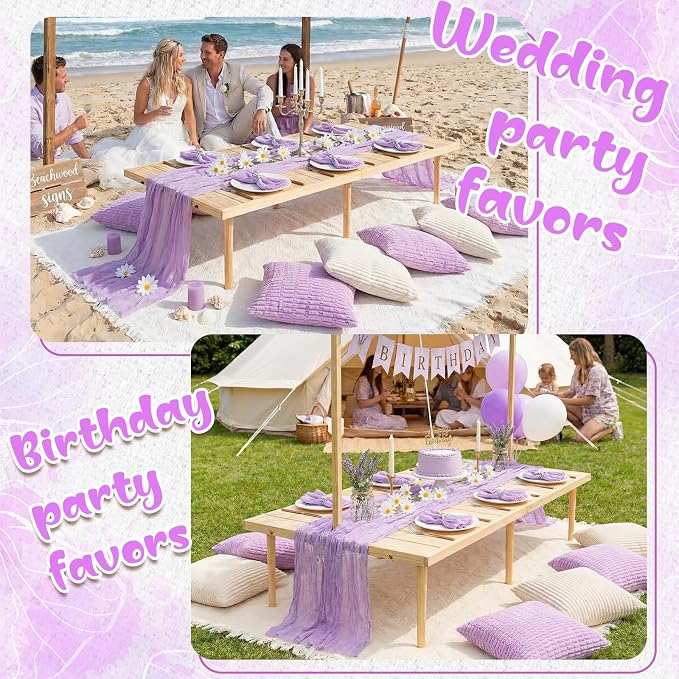 Beeveer 14 Pack Picnic Kit 91x71 Inch Extra Large Outdoor Boho Picnic Blanket with Purple Table Runner, 6 Throw Pillow Covers 6 Napkin Woven Cotton Yarn Washable Beach Blanket for Camp Wedding Decor