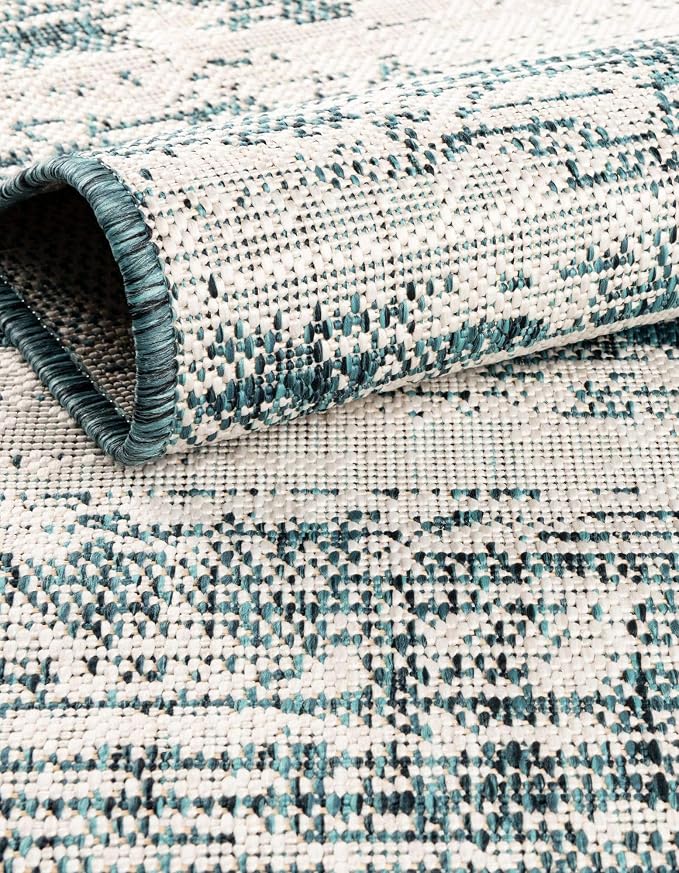 Unique Loom Outdoor Modern Collection Area Rug - Cartago (10' Square, Teal/ Ivory)