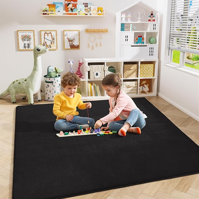 Amearea 5x5 Square Area Rugs for Bedroom Living Room, Black Memory Foam Rug | Thickened Fluffy Indoor Washable Rugs, Modern Non Slip Minimalist Carpet for Kids Boys Girls Dorm Nursery Room Decor