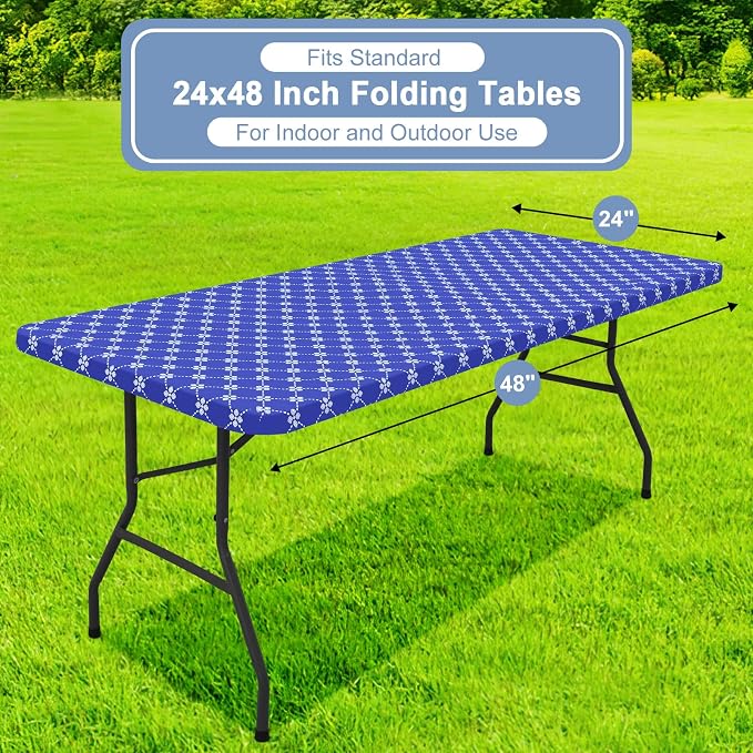misaya Rectangle Vinyl Table Cloth, Elastic Fitted Tablecloth with Flannel Backing, Waterproof Plastic Table Cover Fits 4 Foot Folding Tables for Picnic, Camping, Indoor and Outdoor (Blue, 24" x 48")