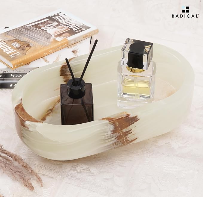 Radicaln Marble Oval Bowl With Stand 10" Inches White Onyx Handmade Fruit Bowl For Kitchen Counter, Ideal Serving Bowl, Candy and Candle Dish & Banana Holder For Kitchen Table