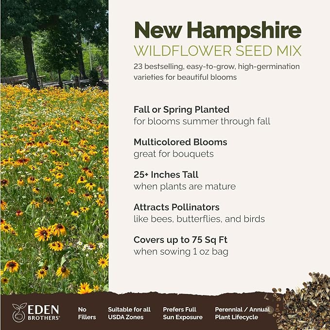 Eden Brothers New Hampshire Wildflower Mixed Seeds for Planting, 1 oz, 30,000+ Seeds with Cosmos, Lupine | Attracts Pollinators, Plant in Spring or Fall, Zones
