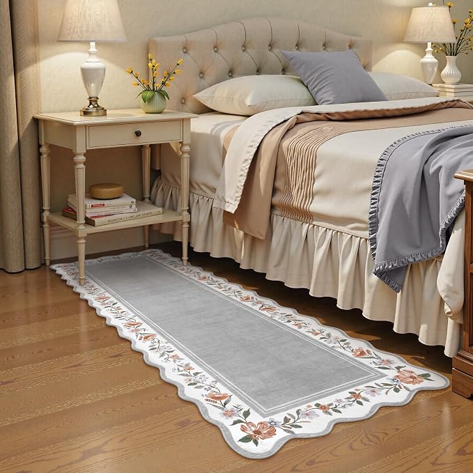 Lahome Grey Scalloped Washable Runner Rug 2x6 for Hallway | Non Slip Backing, Low Pile Soft Boho Floral Runner for Kitchen, Entryway, Laundry, Bedroom, Ariele