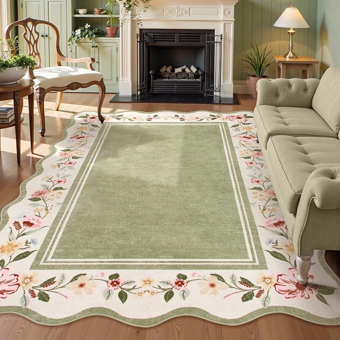 Lahome Green Scalloped Living Room Rug 8x10 | Non-Slip Soft Bedroom Rugs Stain Resistant, Floral Bedroom Rug 8x10 Under Bed Carpet for Nursery Playroom Dining Room Ariele