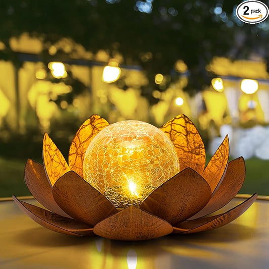 AIINY Solar Light Outdoor(2Pack), Art Crackle Globe Glass Lotus Decoration, Solar LED Waterproof Metal Flower Lights for Patio,Lawn,Walkway,Tabletop