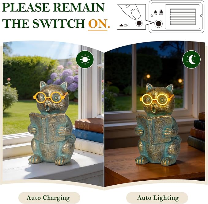 Bronze Resin Solar Reading Cat Decor with Light-Up Glasses, Outdoor Statue Garden Animal Ornament for Patio Yard Porch Home Gift for Women Cat Lovers