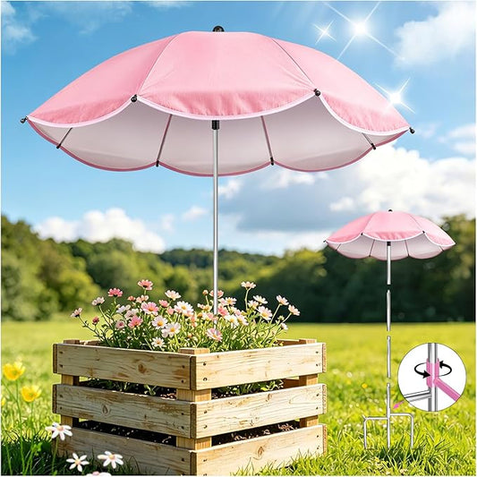 1Pack Plant Umbrellas for Outdoor Plants, Upgraded 360° Rotating 3-Prong Ground Stake for Stronger Grip, Stable Garden Shade Umbrella for Flowers, Vegetables, Fruit Trees, Raised Beds & Planters Pink