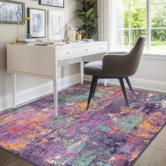 RELEANY Washable 6'x9' Abstract Area Rug for Living Room Purple Multi | Carpet for Bedroom, Kitchen, Office, Hallway and Entryway, Printed Pattern, Non‑Slip, Soft, Stain‑Resistant, Easy to Clean