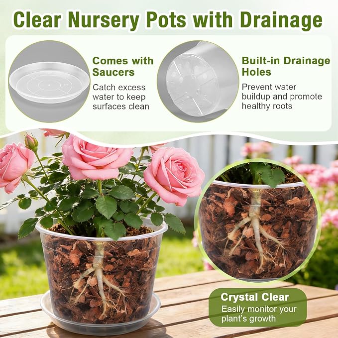 12/10/8/6/4 Inch Clear Nursery Pots with Drainage and Saucers, 20 Pack Large Clear Plastic Nursery Pots for Plants, Seedling Plant Pots for Repotting and Growing Plants, Flowers & Vegetables
