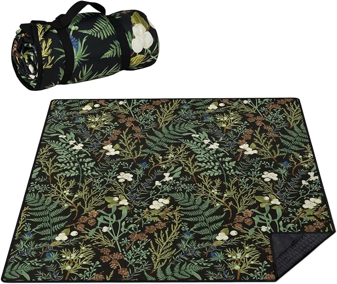 Picnic Blankets Waterproof Foldable Extra Large,80"x 80" Outdoor Beach Blanket Sandproof,3-Layer Lightweight Handy Mat Tote Picnic Camping Rugs for Outside Your Rv (Botanical Fern Leaves Floral Sage)