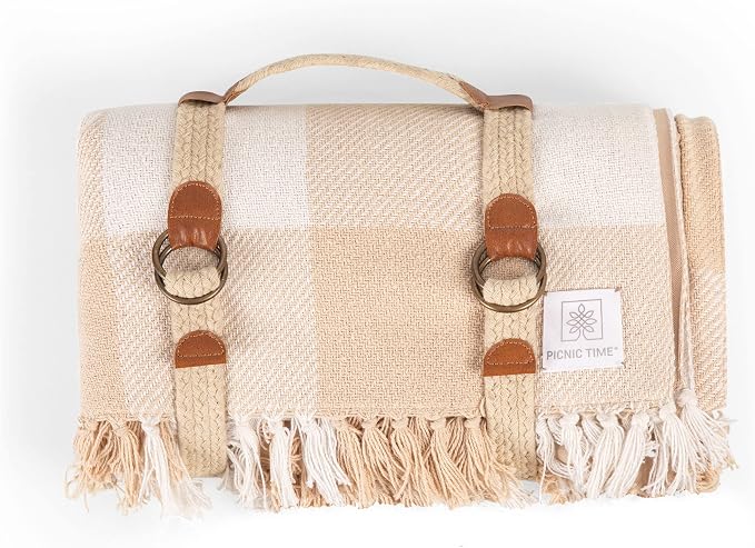 Picnic TIME Montecito Picnic Blanket with Harness, Large 60" x 70" Outdoor Blanket, Woven Cotton Top with Water-Resistant Poly Duck Backing, Sandproof Beach Mat for Camping & Travel (Beige Gingham)