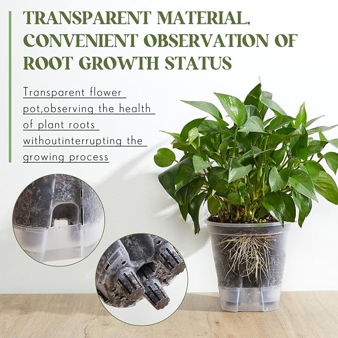 Wonderjune Self Watering Pots for Indoor Plants with Deep Reservoir and High Drainage Holes for Outdoor Plants and Flowers, Bare Root Planter(7.09'',Clear,9 Pcs)