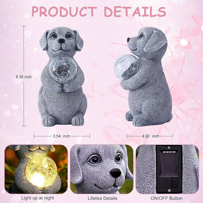 Dog Garden Statues - 8.4 Resin Dog Decor LED Lights | Outdoor Garden Decor for Lawn Porch Yard - Unique Dog Gifts for Mom Grandma